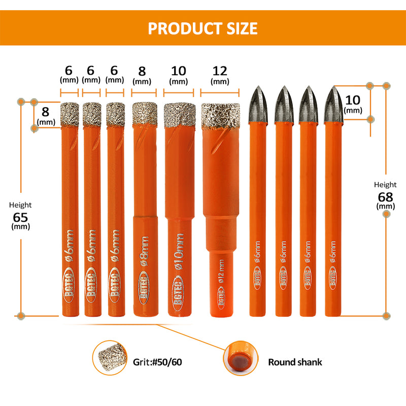 BGTEC Diamond Drill Bits 10pcs/Box 6/6/6/8/10/12mm Core Bit+6mm Cross Hole Opener Ceramic Wood Marble PVC Hole Saw Set Round Shank