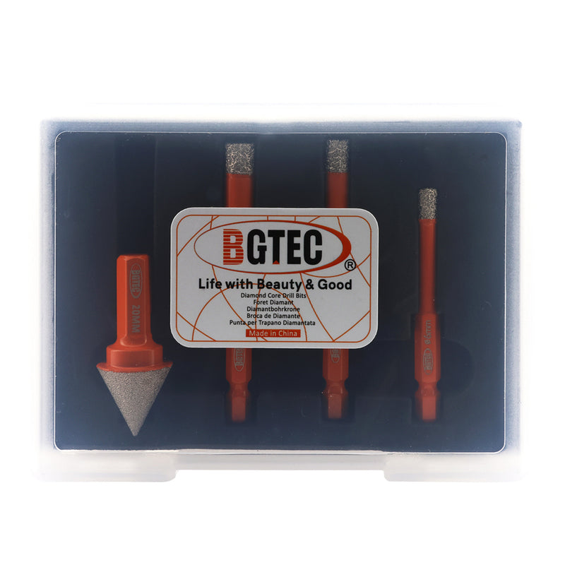 BGTEC 4pcs/set Diamond Dry Core Bits 6/8/10mm Core Bits+20mm Chamfer Bit for Marble Granite Ceramic  Porcelain Tile Quick-Fit Shank