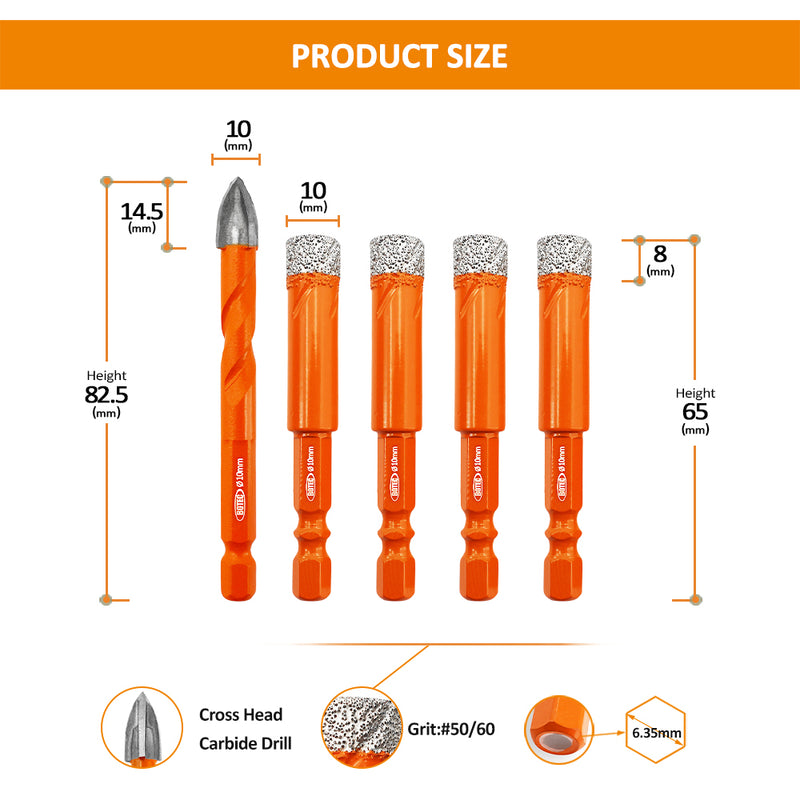 Diamond Drill Bit 5pcs 6-12mm+Cross Hole Opener Drilling Ceramic Quick-fit Shank