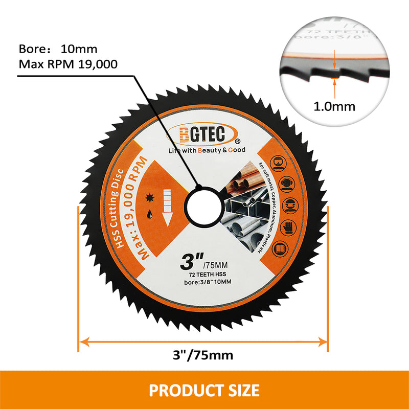 BGTEC HSS Cutting Disc 1/2/3/4/5/10pcs 75mm/3" for Soft Metal Copper Aluminum Wood PVC Plastic Fiberglass Saw Blade