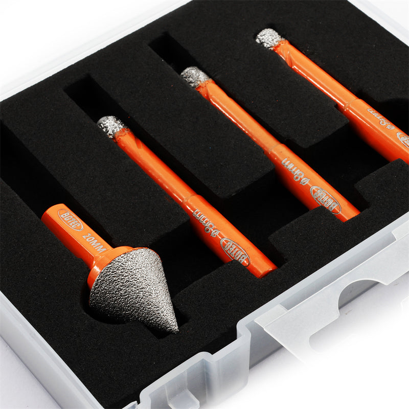 BGTEC Diamond Mini Dry Drilling Bits 4pcs/set 8/8/8mm Core Bits Round Shank +20mm Chamfer Bit Marble Granite Porcelain Ceramic Tile