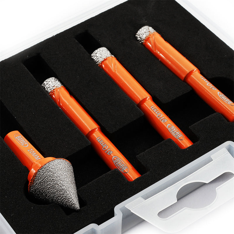 BGTEC Diamond Mini Dry Drilling Bits 4pcs/set 10/10/10mm Core Bits Round Shank +20mm Chamfer Bit Porcelain Granite Marble Ceramic Tile