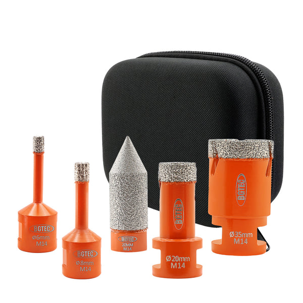 BGTEC Diamond Drill Bit Kit 5pcs 6/8/20/35mm Core Bit+20mm Chamfer Finger Bit Ceramic Marble Porcelain Granite Hole Saw M14 Thread