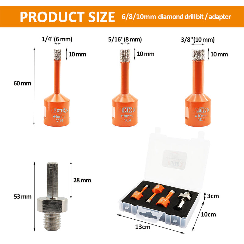 BGTEC Diamond Drill Bit 1set/4pcs Dia 6/8/10mm+Hex Adapter Vacuum Brazed Core Bits for Granite Marble Porcelain Tile Hole Saw M14 Thread