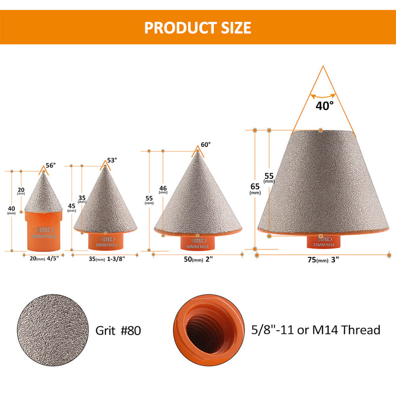 BGTEC Diamond Beveling Chamfer Bit 5/8-11 or M14 Thread for Existing Holes Enlarging Shaping Trimming Tile Marble Granite Ceramic for Angle Grinder Dia 20/35/50/75MM