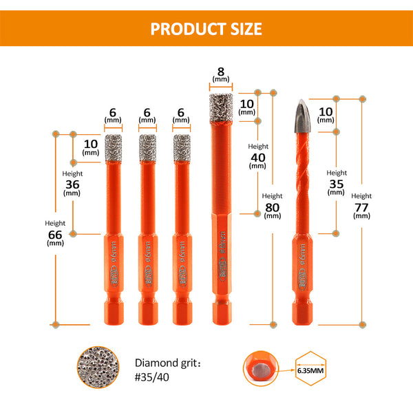 BGTEC 5pcs 6/6/6/8mm Diamond Drill Bits+ 6mm Cross Hole Opener Positioning Drilling for Ceramic Marble Hex Quick-Fit Shank