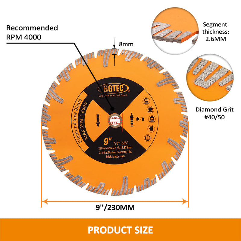 BGTEC 1pc 230mm Diamond Cutting Disc with Portection Teeth for Granite Marble Concrete Masonry