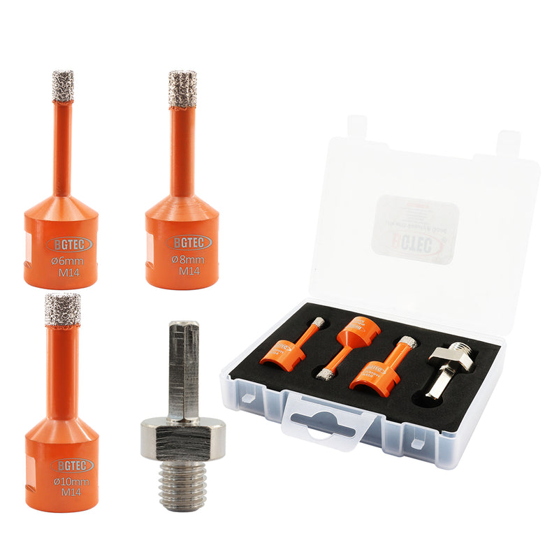 BGTEC Diamond Drill Bit 1set/4pcs Dia 6/8/10mm+Hex Adapter Vacuum Brazed Core Bits for Granite Marble Porcelain Tile Hole Saw M14 Thread