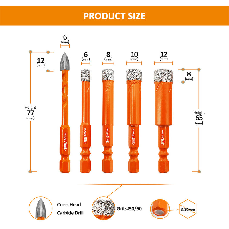 Diamond Drill Bit 5pcs 6-12mm+Cross Hole Opener Drilling Ceramic Quick-fit Shank