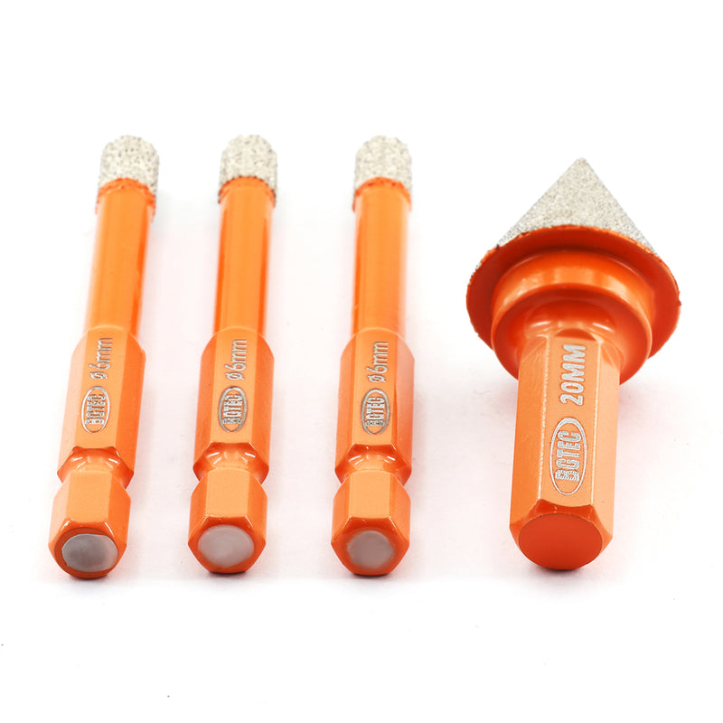 BGTEC Diamond Dry Drilling Bits 4pcs/set 6/6/6mm Core Bits+20mm Chamfer Bit for Marble Granite Porcelain Ceramic Tile Quick-Fit Shank