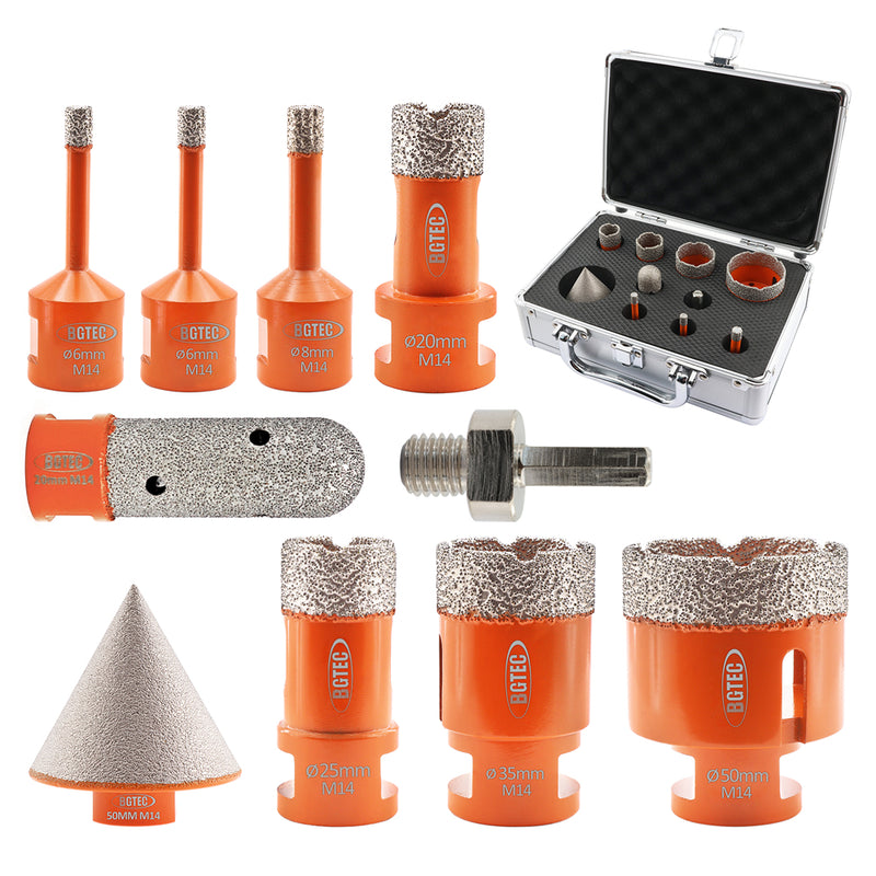 BGTEC Diamond Drill Core Bits 10pcs/set With Box 6/6/8/20/25/35/50mm/F20/2" Chamfer/HEX Granite Marble Ceramic Hole Saw M14 Thread