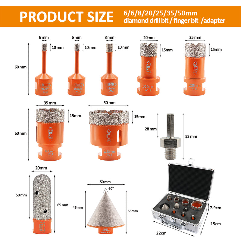 BGTEC Diamond Drill Core Bits 10pcs/set With Box 6/6/8/20/25/35/50mm/F20/2" Chamfer/HEX Granite Marble Ceramic Hole Saw M14 Thread