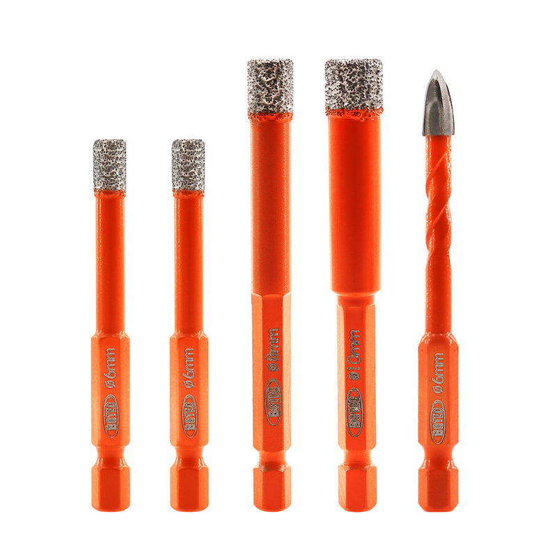 BGTEC 6/6/8/10mm Diamond Drill Bits+ 6mm Cross Hole Opener Positioning Hex Quick-Fit Shank Ceramic Marble Drilling Core Bits