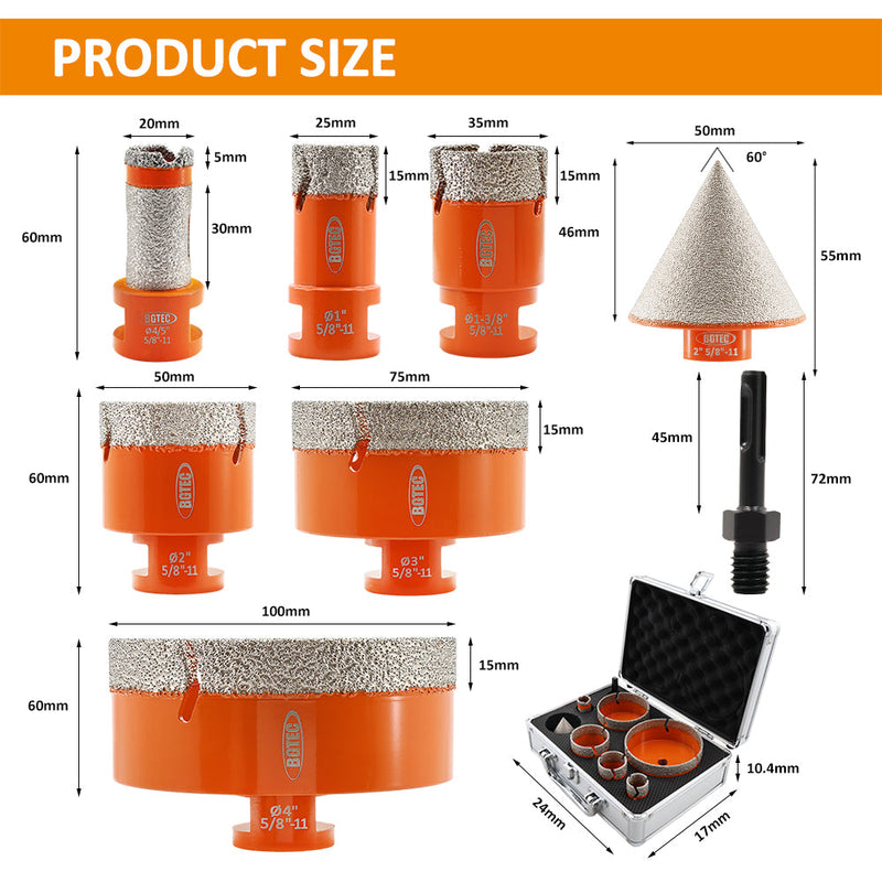 BGTEC Core Drill 8pcs/set 25/35/50/75/100mm Drilling Bit+20mm Finger+2"Chamfer+Adapter Ceramic Tile Granite Hole Saw 5/8-11