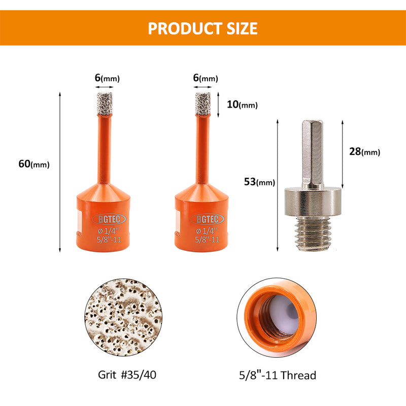 BGTEC Diamond Drill Bit 3/4pcs Dia 6/6/8/10mm Core Bits+Hex Adapter/Chamfer Granite Marble Porcelain Tile 5/8"-11 Thread