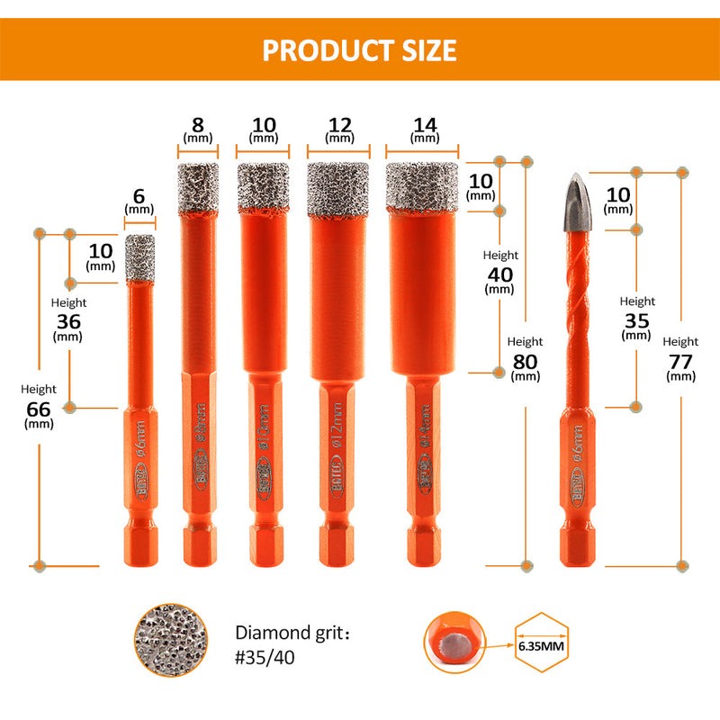 BGTEC 6/6/8/10mm Diamond Drill Bits+ 6mm Cross Hole Opener Positioning Hex Quick-Fit Shank Ceramic Marble Drilling Core Bits