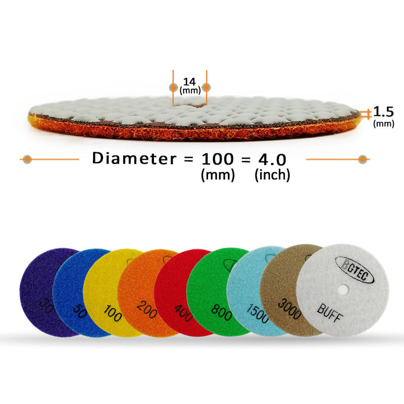 BGTEC 4 Inch Dry Diamond Polishing Pads Set, Pads Kit Grit 30 to Grit 3000 for Granite Marble Stone Quartz Tiles Concrete Floor Edges Countertop Polishing