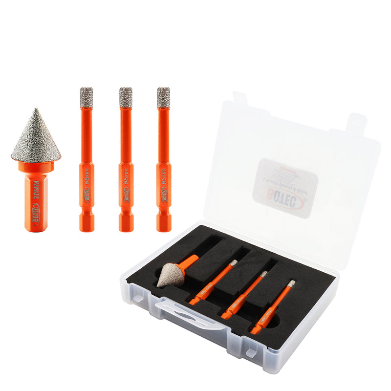 BGTEC Diamond Dry Drilling Bits 4pcs/set 6/6/6mm Core Bits+20mm Chamfer Bit for Marble Granite Porcelain Ceramic Tile Quick-Fit Shank