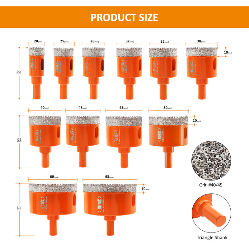 BGTEC Diamond Core Bits 20-65mm Drilling for Ceramic Marble Triangle Shank