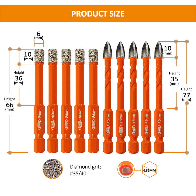 BGTEC Diamond Drill Bits Set 5/10pcs 6/8/10mm Core Bit+6mm Cross Hole Opener Ceramic Tile Glass PVC Brick Wood Quick-fit Shank