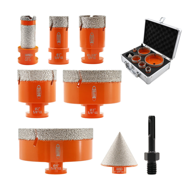 BGTEC Core Drill 8pcs/set 25/35/50/75/100mm Drilling Bit+20mm Finger+2"Chamfer+Adapter Ceramic Tile Granite Hole Saw 5/8-11