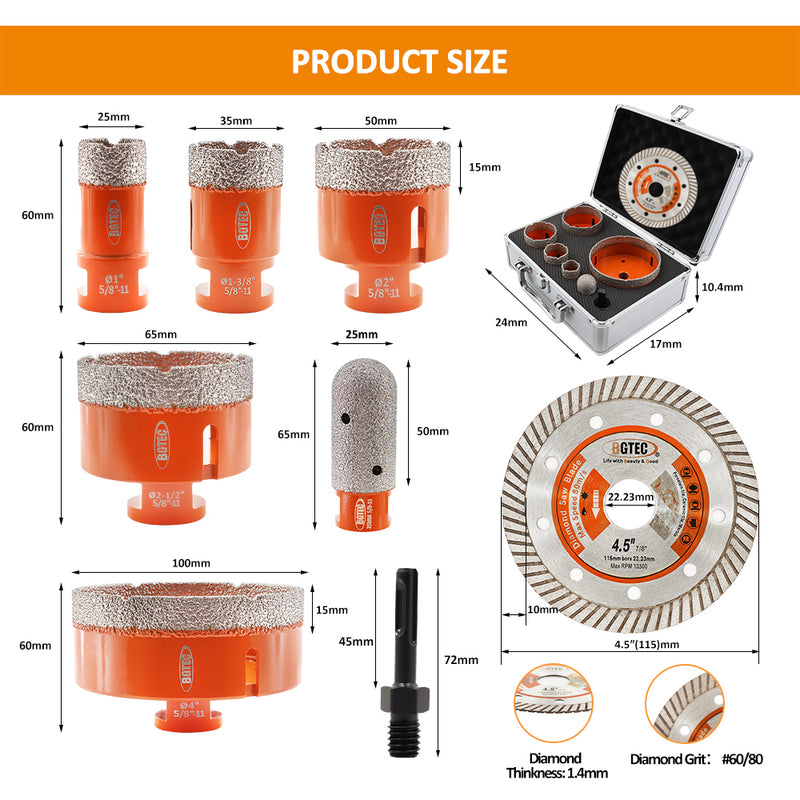 BGTEC Diamond Drill Bit 8pcs/set 20/35/50/65/100mm Core Bit+4.5"Saw Blade+25mm Finger+Adapter Granite Marble Ceramic 5/8-11