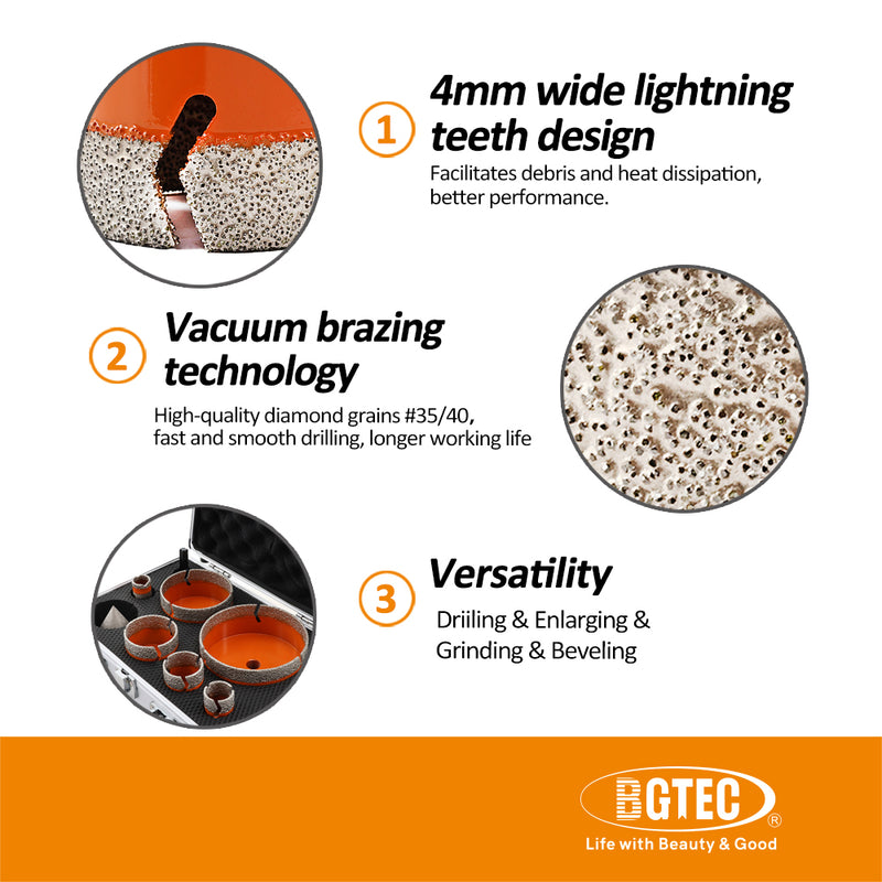 BGTEC Core Drill 8pcs/set 25/35/50/75/100mm Drilling Bit+20mm Finger+2"Chamfer+Adapter Ceramic Tile Granite Hole Saw 5/8-11