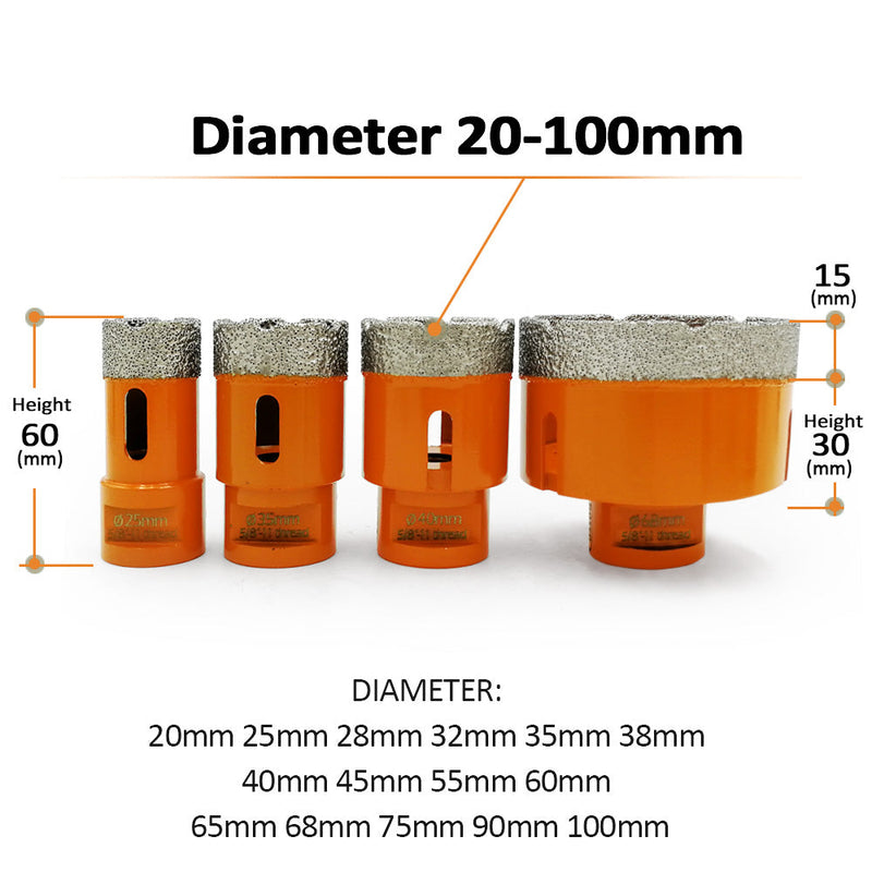 BGTEC Dry Diamond Core Drill Bits with 5/8-11 or M14 Thread for Porcelain Tile Granite Marble Stone Masonry 6mm to 100mm