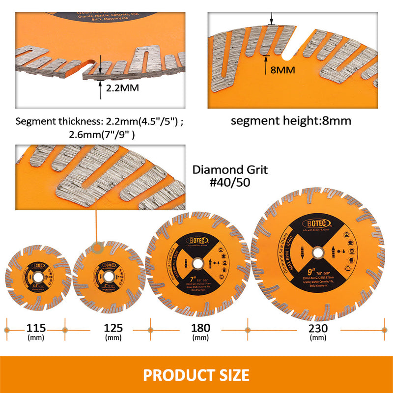 BGTEC Diamond Cutting Disc with Protection Teeth Dia115/125/180/230mm for Marble Granite Ceramic Tile Quartz Saw Blade