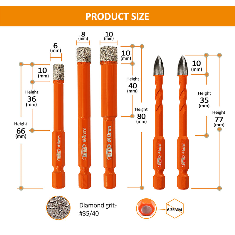 BGTEC Diamond Drill Bits Set 5/10pcs 6/8/10mm Core Bit+6mm Cross Hole Opener Ceramic Tile Glass PVC Brick Wood Quick-fit Shank