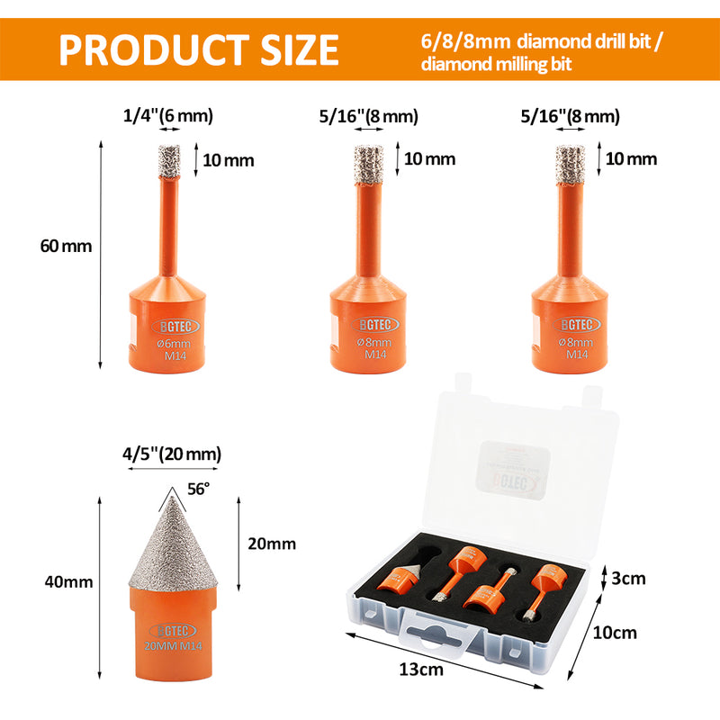 BGTEC Diamond Drill Bit 1set/4pcs Dia 6/8/8mm Core Bits+20mm Chamfer Bit for Granite Marble Porcelain Tile Vacuum Brazed Hole Saw