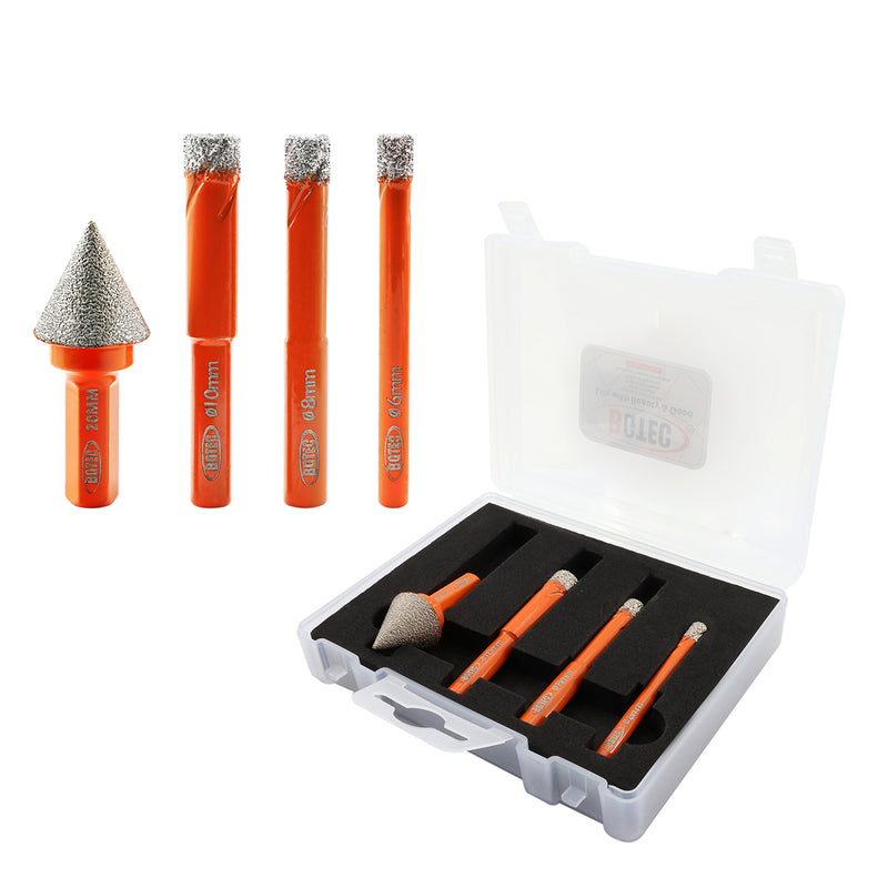 BGTEC Diamond Mini Dry Drilling Bits 4pcs/set 6/8/10mm Core Bits Round Shank +20mm Chamfer Bit Porcelain Ceramic Tile Granite Marble