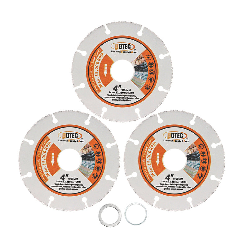 BGTEC Vacuum Brazed Carbide Cut-Off Wheel Blade for Wood Board Gypsum Board Rubber Pipe Plastic Dia 3''/4''/4.5''/5''