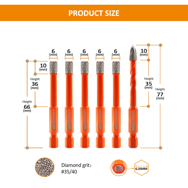 BGTEC Diamond Drill Dry Bits with Quick Change Hex Shank 5pcs Dia 6mm+ 6mm Cross Hole Opener for Marble  Granite Ceramic Porcelain Tile 6pcs/set