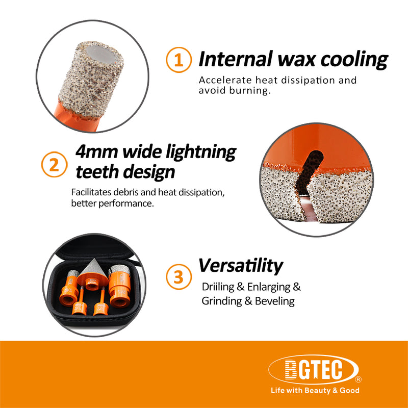 BGTEC Diamond Core Bit 5pcs/set 6/6/20/25mm Drilling Bit+50mm Chamfer Ceramic Tile Granite Marble Hole Saw 5/8-11