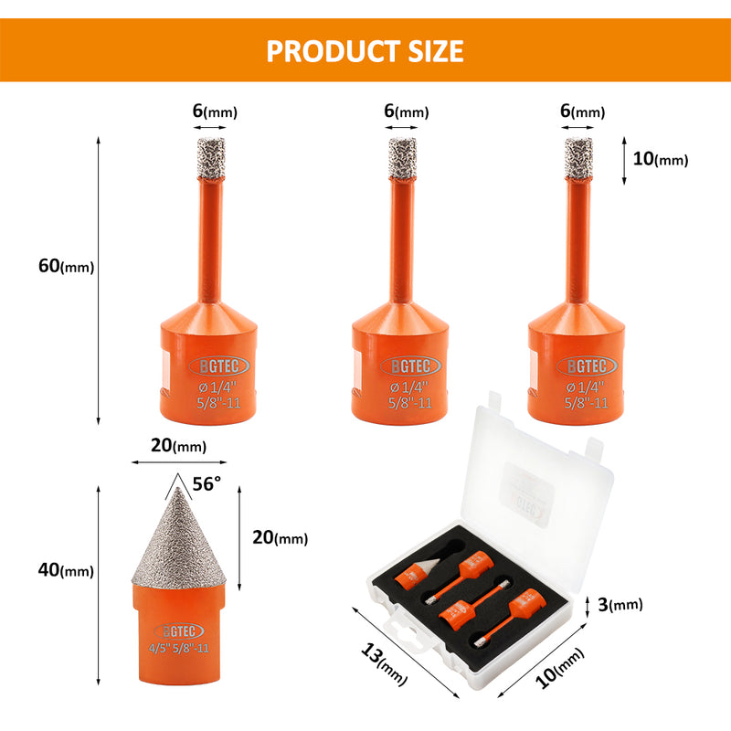 BGTEC Diamond Drill Bit 3/4pcs Dia 6/6/8/10mm Core Bits+Hex Adapter/Chamfer Granite Marble Porcelain Tile 5/8"-11 Thread