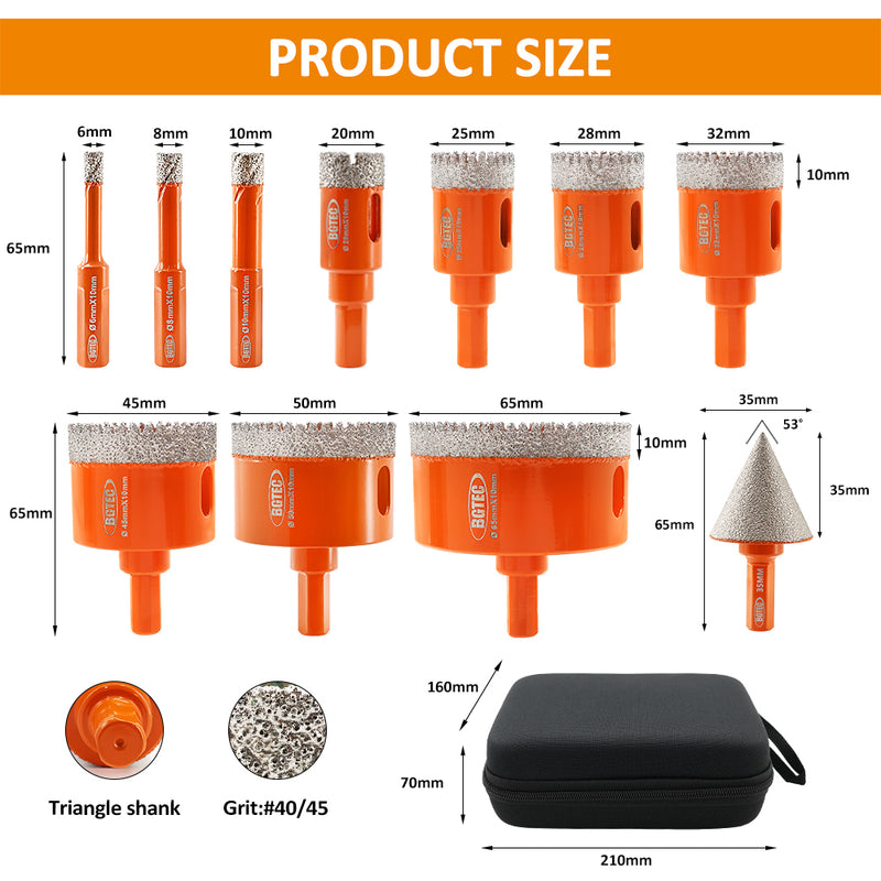 11pcs SHDIATOOL 6mm-65mm Diamond Serrated Drill Bits Kit and 3/8'' Diamond Chamfer Milling Bit