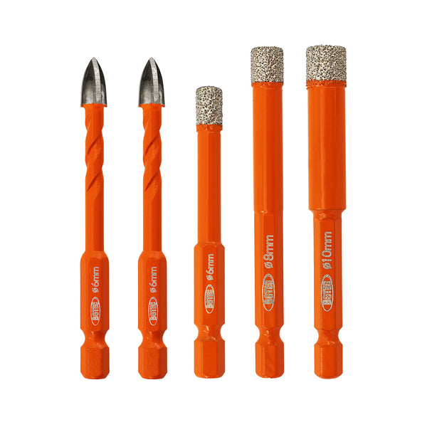 BGTEC Diamond Drill Bits Set 5/10pcs 6/8/10mm Core Bit+6mm Cross Hole Opener Ceramic Tile Glass PVC Brick Wood Quick-fit Shank