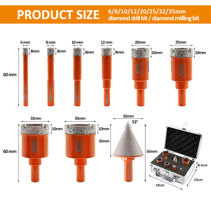 BGTEC Diamond Drill Bit 9pcs/set 6/8/10/12/20/25/32/35mm Core Bit+35mm Chamfer Bit Ceramic Marble Granite Vaccum Brazed Hole Saw