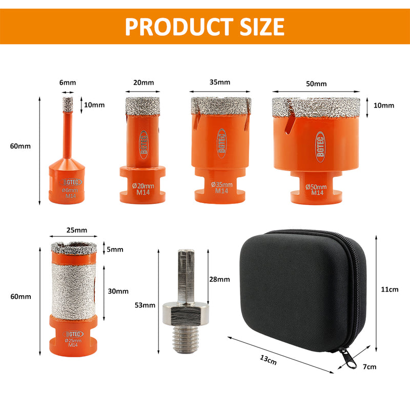 BGTEC Diamond Core Bit Kit 6pcs 6/20/35/50mm Drill Bit+1"Finger+Hex Adapter Ceramic Tile Porcelain Hole Saw M14 Thread