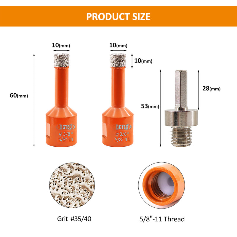 BGTEC Diamond Drill Bit 3/4pcs Dia 6/6/8/10mm Core Bits+Hex Adapter/Chamfer Granite Marble Porcelain Tile 5/8"-11 Thread