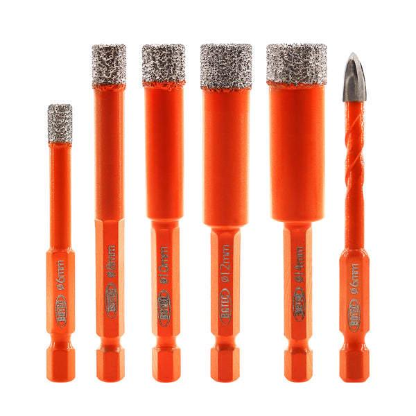 BGTEC 6/6/8/10mm Diamond Drill Bits+ 6mm Cross Hole Opener Positioning Hex Quick-Fit Shank Ceramic Marble Drilling Core Bits