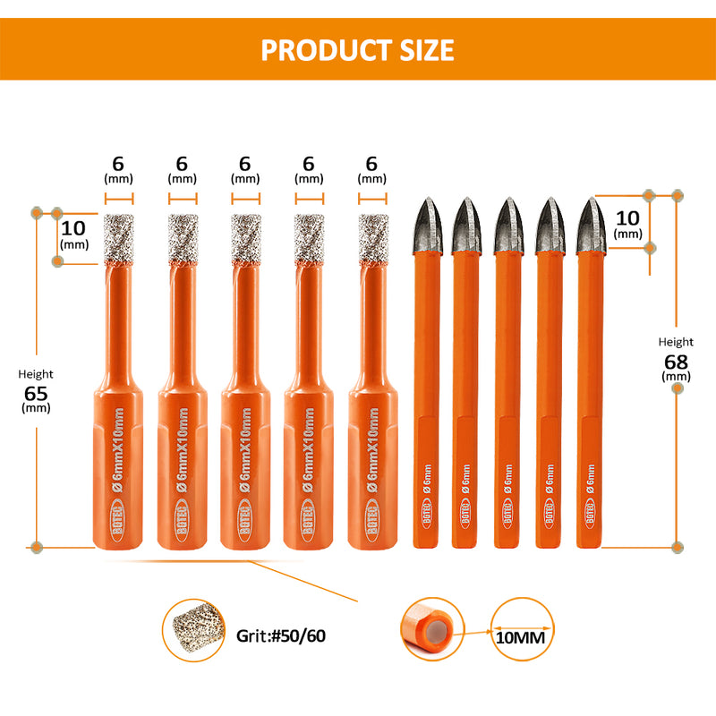 BGTEC Diamond Drill Bits 10pcs/Box 6/8/10/12mm Core Bit+6mm Cross Hole Opener for Ceramic Tile Brick Wood Glass PVC Hole Saw Set Triangle Shank