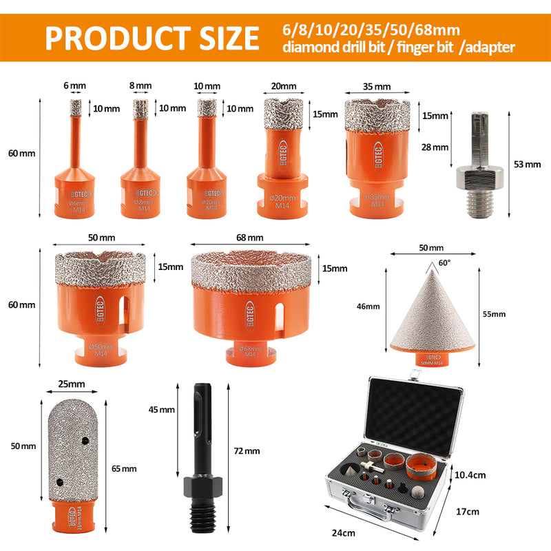 BGTEC Diamond Drill Bits 11pcs/Set 6/8/10/20/35/50/68mm/F25/2" Chamfer/HEX/SDS Granite Marble Ceramic Hole Saw M14 Thread