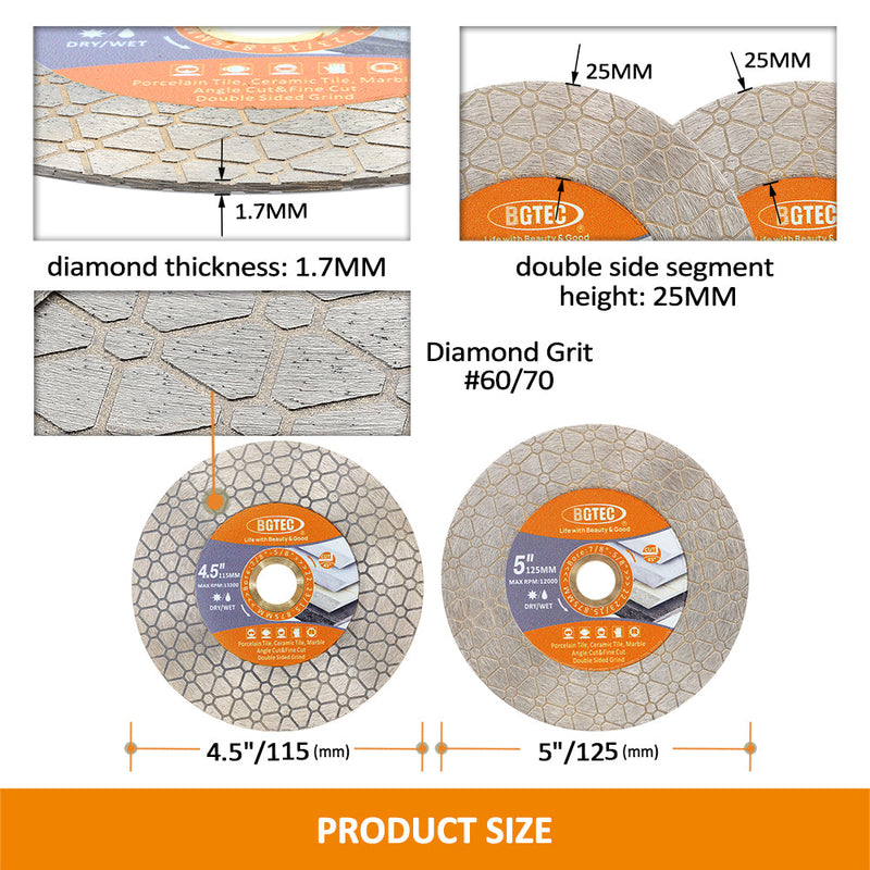 BGTEC Diamond Cutting Grinding Saw Blade Double-sided Triangle Dia 115/125mm Marble Granite Ceramic Tile Cutting Disc