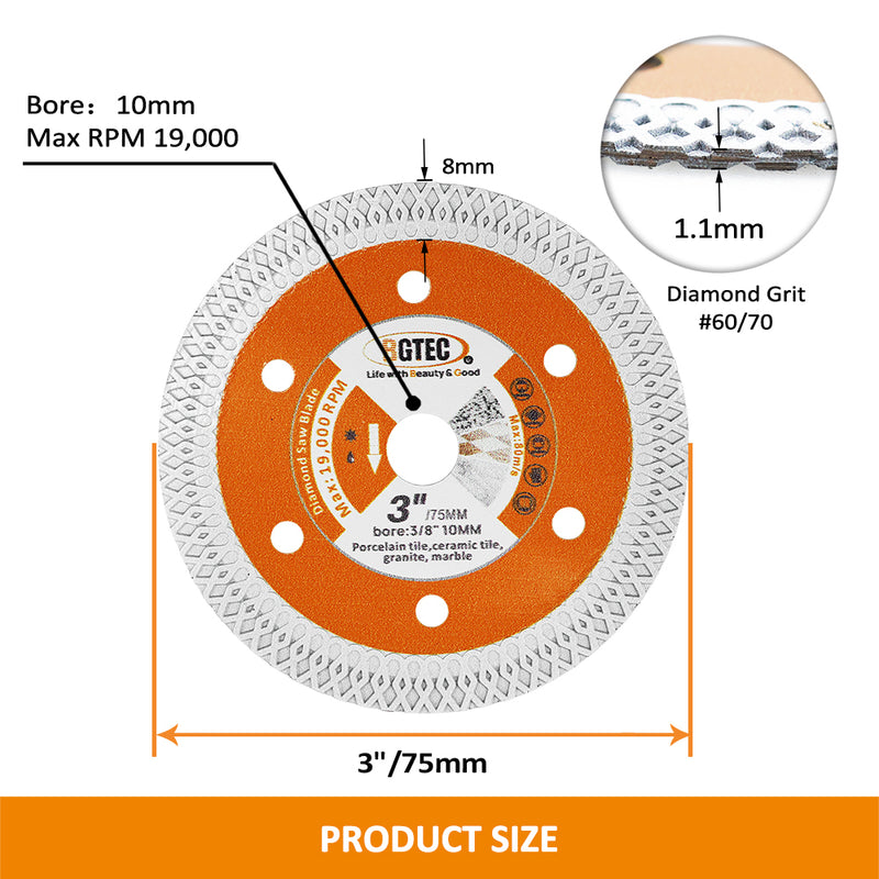 BGTEC Diamond Saw Blade X Mesh 1/2/3/5/10pcs 75mm/3" Ceramic Tile Porcelain Marble Granite Vacuum Brazed Saw Blade