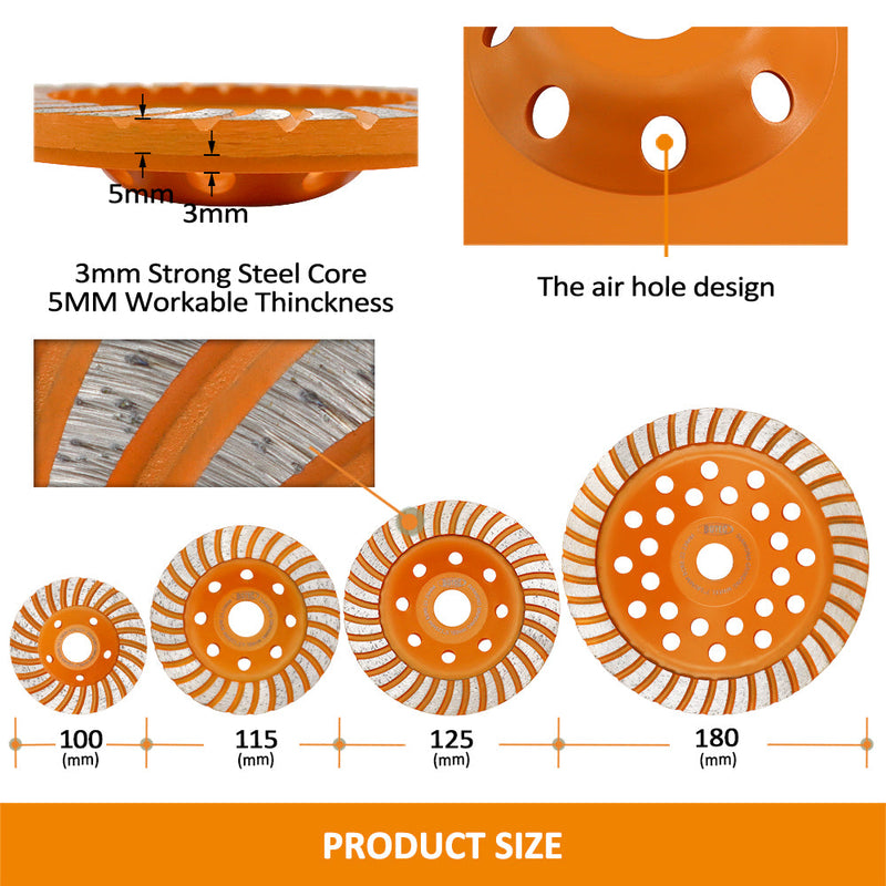 BGTEC Turbo Row Concrete Diamond Grinder Disc 4''/4.5''/5''/7'' with M14 Thread for Angle Grinder Concrete Granite Stone Marble Masonry