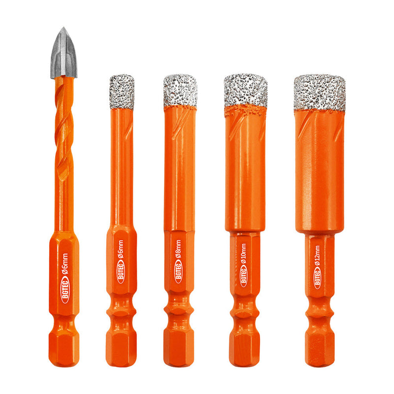 Diamond Drill Bit 5pcs 6-12mm+Cross Hole Opener Drilling Ceramic Quick-fit Shank