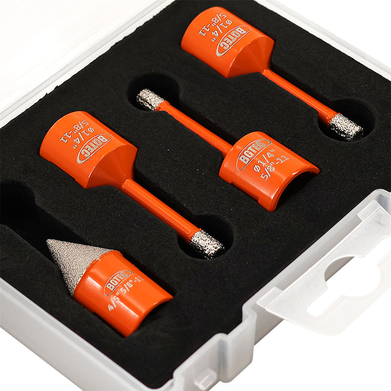 BGTEC Diamond Drill Bit 3/4pcs Dia 6/6/8/10mm Core Bits+Hex Adapter/Chamfer Granite Marble Porcelain Tile 5/8"-11 Thread