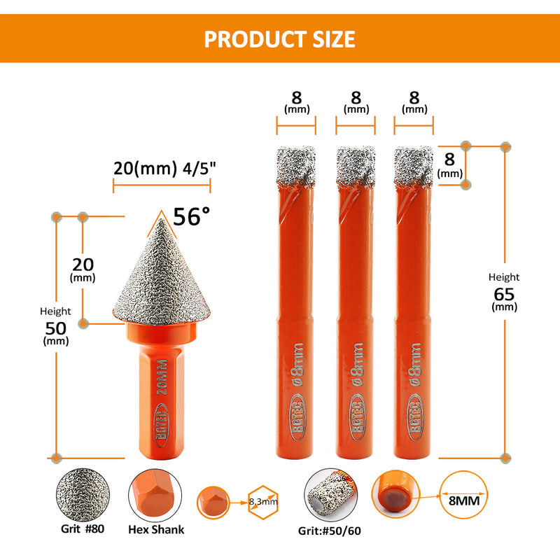 BGTEC Diamond Mini Dry Drilling Bits 4pcs/set 8/8/8mm Core Bits Round Shank +20mm Chamfer Bit Marble Granite Porcelain Ceramic Tile